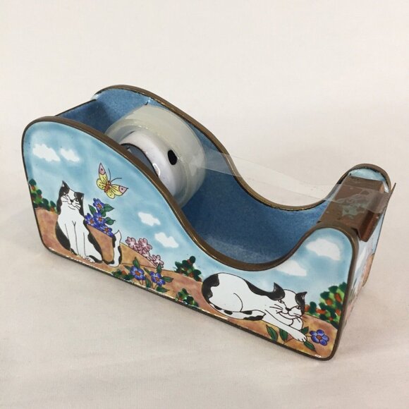 Blue Enamel Metal Tape Dispenser Tuxedo Cat Black & White Butterflies Floral Art - Picture 1 of 8